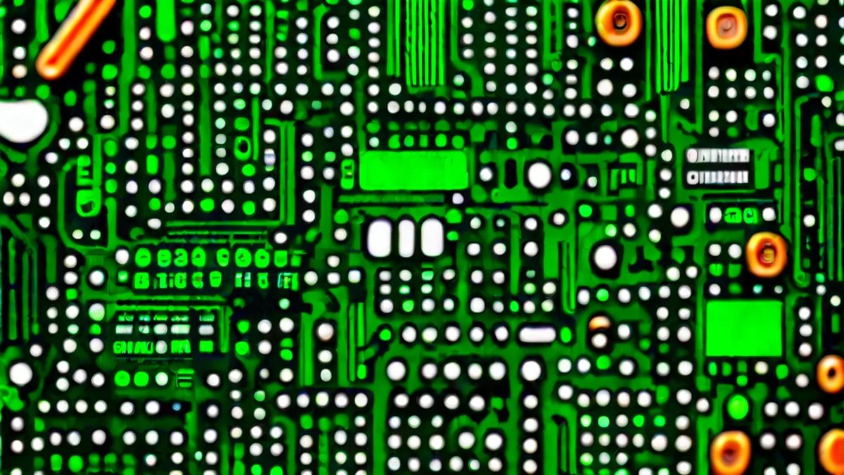 Computer-mainboard met meerdere microchips in een roosterpatroon geplaatst.