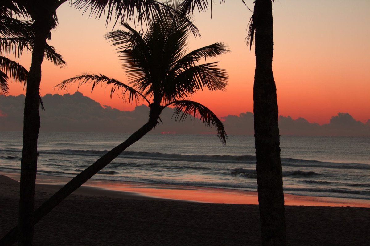 Tropischer Strand mit Sonnenaufgang