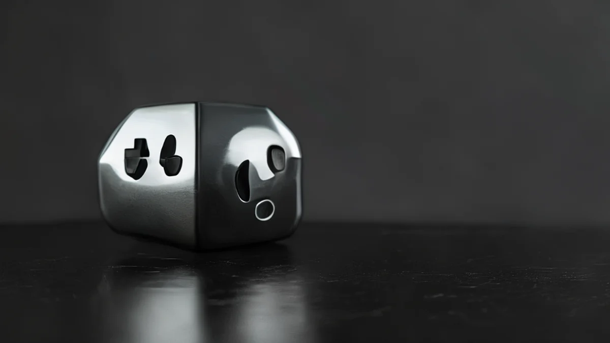 Un cubo de juego, plata con una superficie metálica pulida, colocado en una mesa negra bajo luz de studio softbox, profundidad de campo baja, fotorealista, enfoque neto, detalles altos