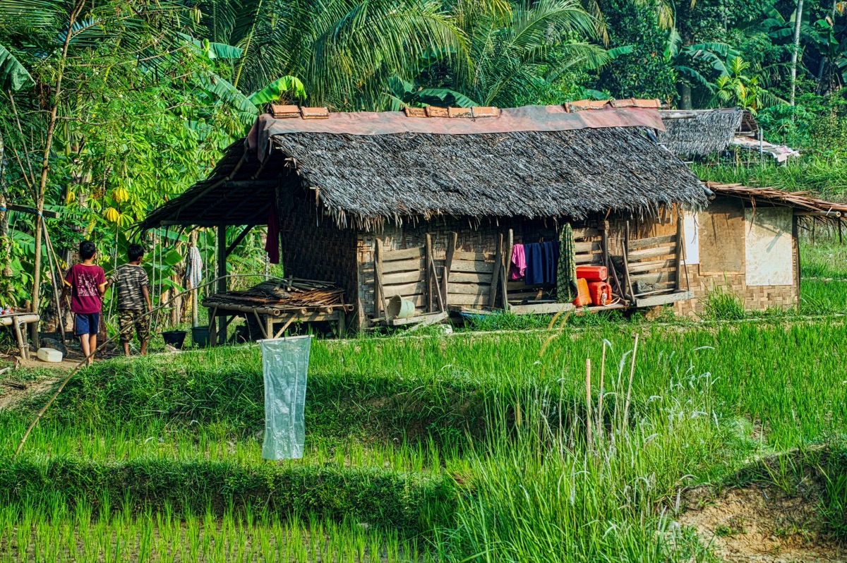 Modern photograph of the village of Dedede with a traditional thatched roof house in the foreground
