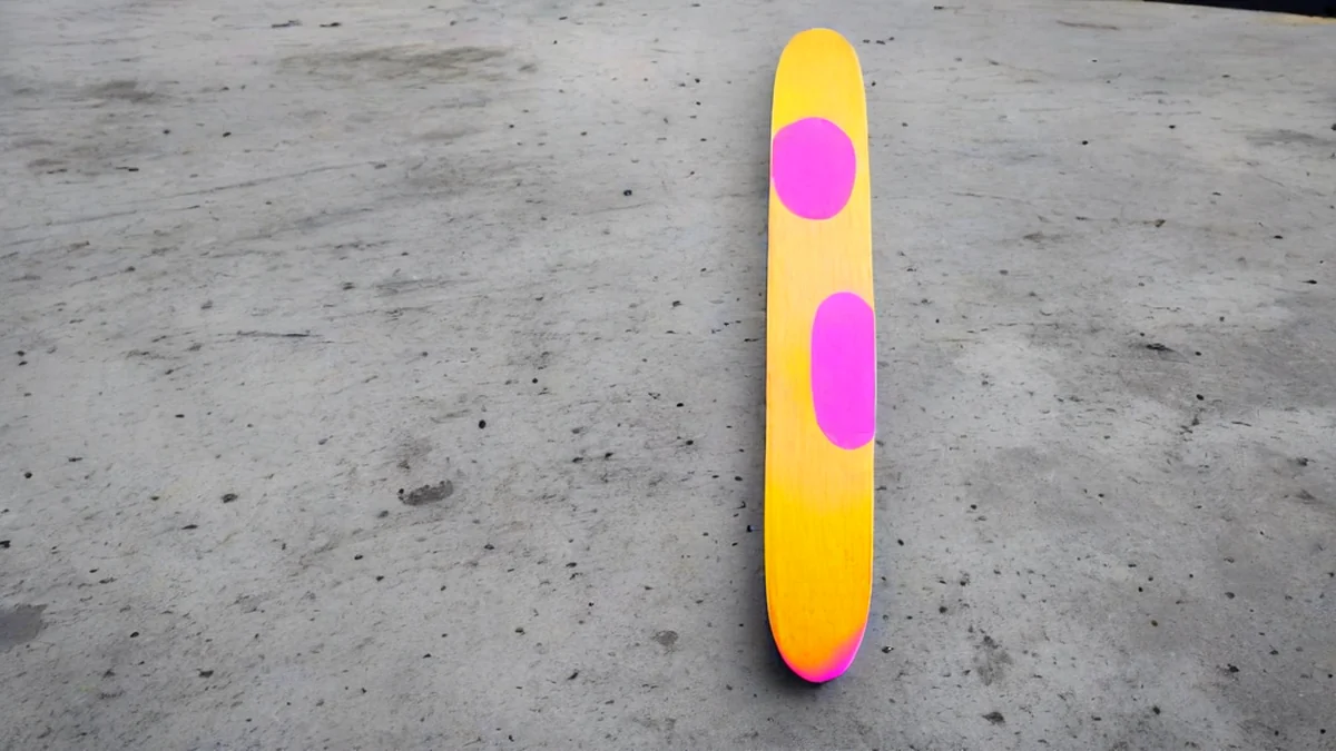 A skateboard deck placed on concrete, showing the texture of the surface and the board's color.