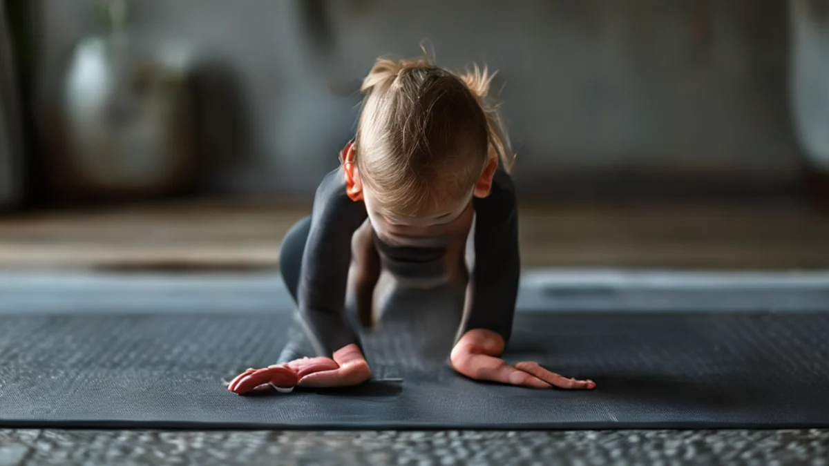 子供のポーズヨガポジション：手が膝上にあり、背中がまっすぐに、目は閉じています