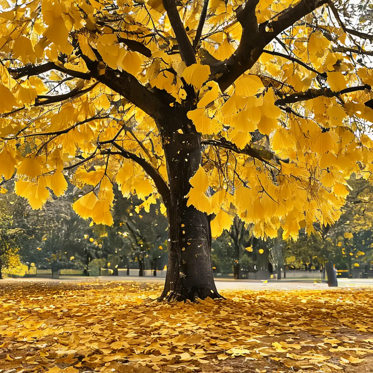 De gouden ginkgo bladeren vallen op de grond, vormend een natuurlijk gouden tapijt.