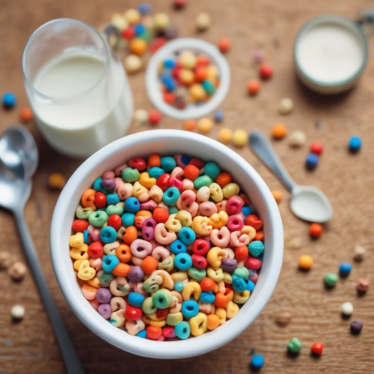 Una ciotola di ceramica bianca piena di cereali colorati a forma di anello