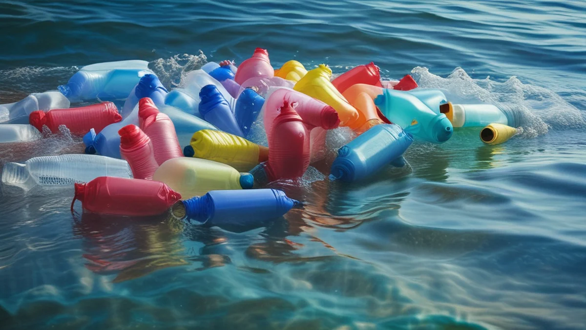 海洋の波に浮かぶプラスチックのゴミ。