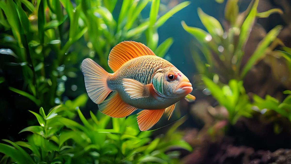  planted tank 中的迪斯卡魚在遊動。