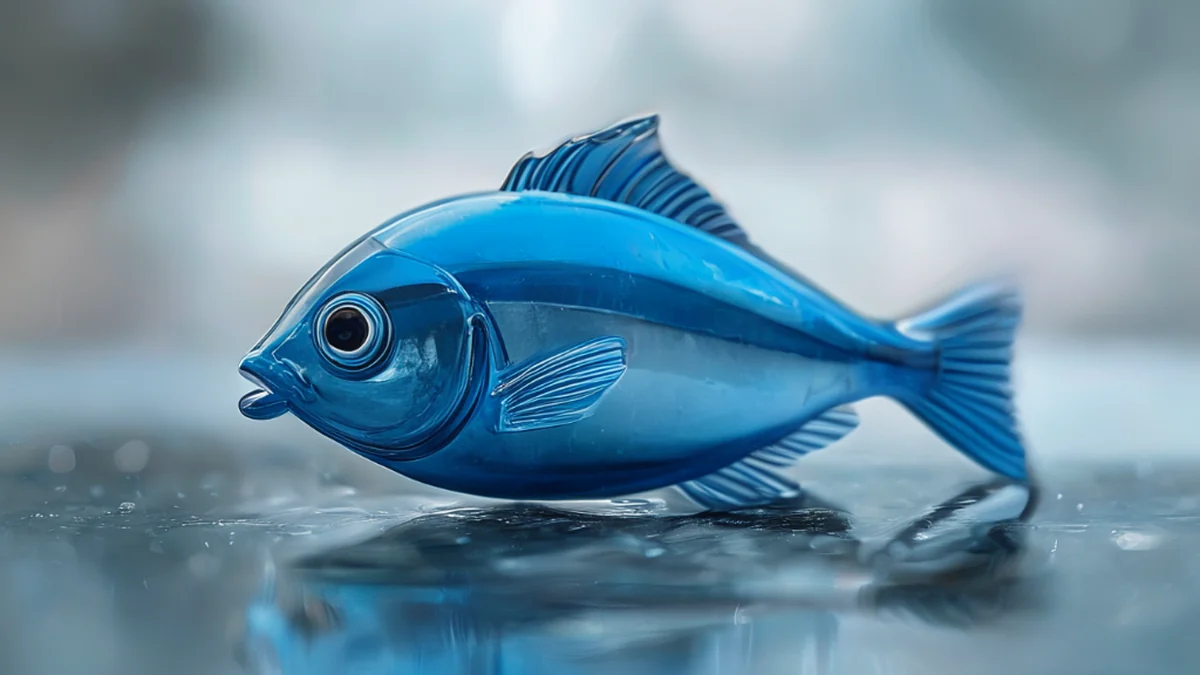 透明容器中浮浮沉沉的塑膠魚。