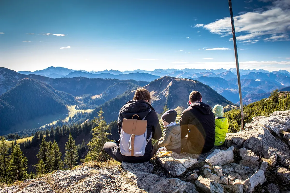 family, hike, travel, alps, distant view, hochwald, fir trees, mountains, wallberg, summit, picnic, hiking area, recreation, leisure time, nature, mood, bavaria